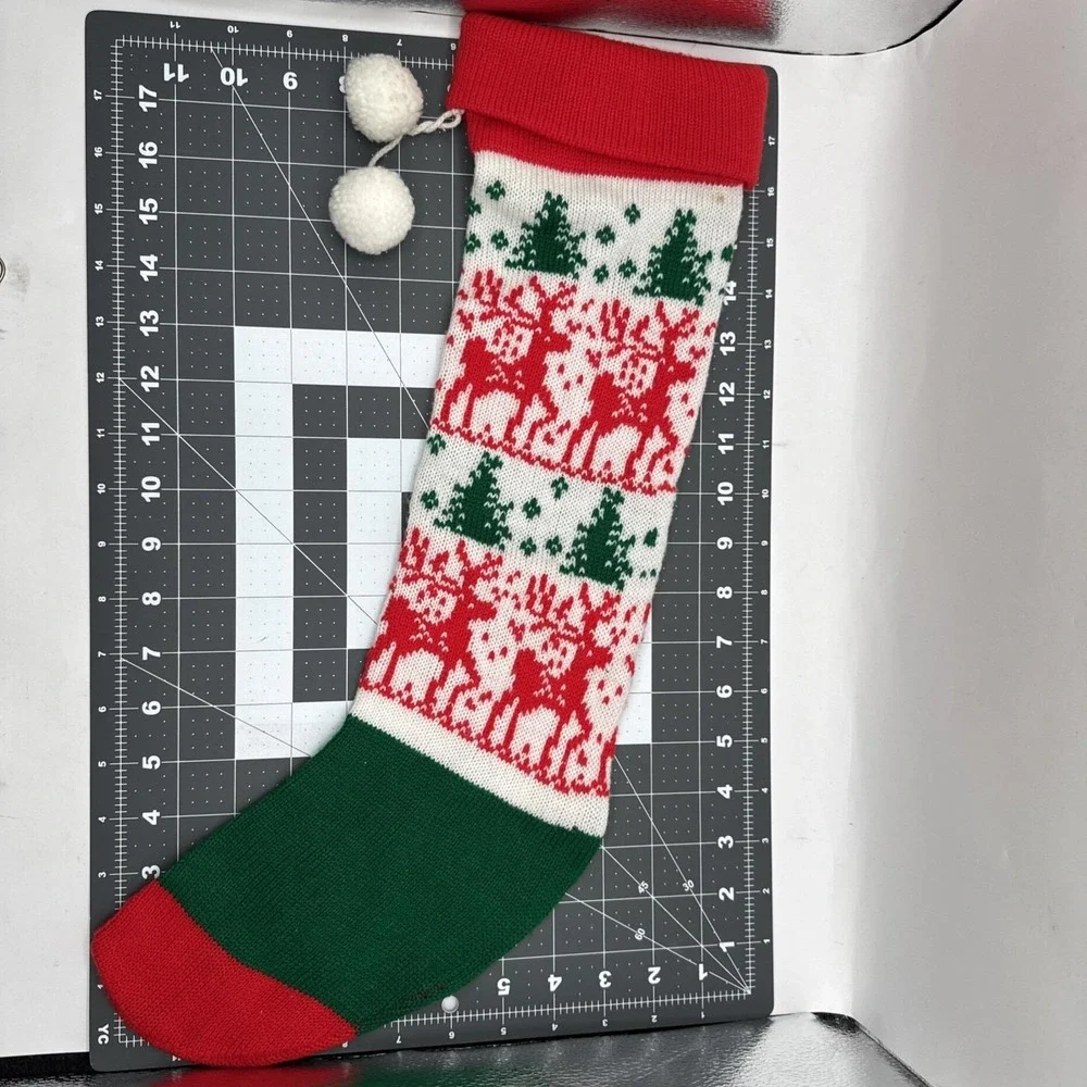 Vintage Long Knit Christmas Stocking Reindeer With Trees‎ Pom Pom 22